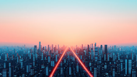 A futuristic cityscape at sunset, featuring glowing lines that stretch towards the horizon, creating a vibrant and ethereal atmosphere.の素材