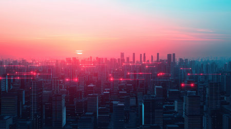 A vibrant city skyline at sunset, featuring glowing lights and a colorful sky, blending technology with nature.の素材