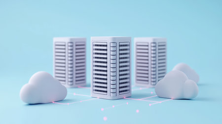 A modern, stylized depiction of buildings surrounded by clouds, representing concepts of technology and connectivity in a minimalistic design.の素材