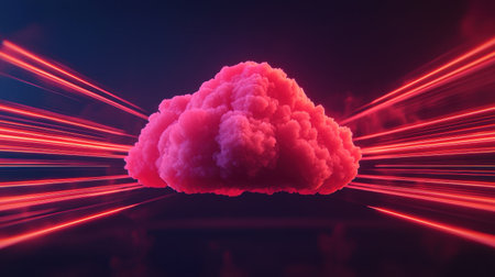A vibrant, pink cloud surrounded by dynamic red beams of light, evoking a futuristic and energetic atmosphere.の素材