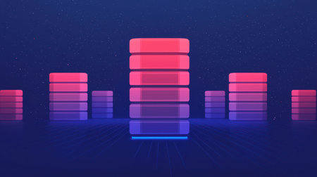 A digital illustration features stacked blocks in vibrant pink and blue hues against a dark background, suggesting a modern, tech-inspired aesthetic.の素材