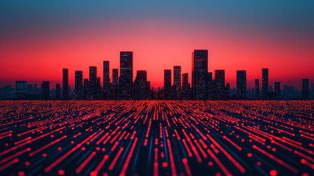 A stunning sunset cityscape with silhouettes of skyscrapers against a vibrant red and blue sky, creating a dramatic and futuristic atmosphere.の素材