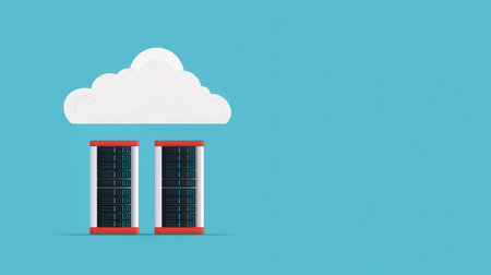 A minimalist illustration depicting two server racks under a cloud, symbolizing cloud computing and data storage.の素材