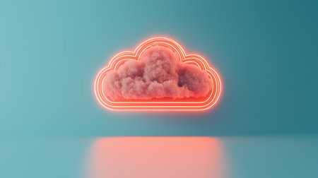 A glowing cloud icon with a neon outline, set against a turquoise background, symbolizes digital storage and technology.の素材