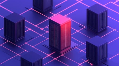 A vibrant digital cityscape featuring futuristic buildings illuminated in pink and purple, connected by glowing lines.の素材