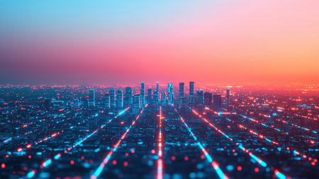 A vibrant cityscape at twilight, showcasing illuminated buildings amidst a colorful sky, conveying a sense of urban energy and modernity.の素材