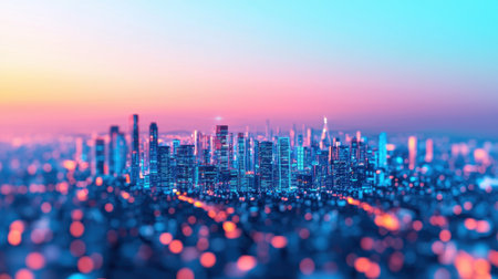 A vibrant city skyline at dusk, blurred with colorful lights and a gradient sky transitioning from pink to blue.の素材