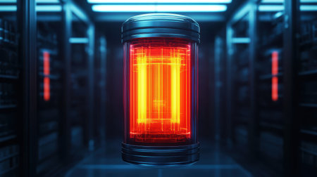 A glowing red energy core is suspended in a futuristic server room, surrounded by rows of servers and vibrant blue lighting.の素材