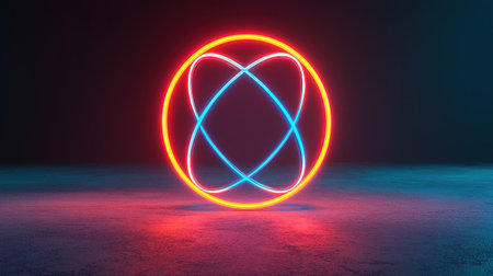 A glowing, abstract representation of atomic or molecular structure in vibrant neon colors against a dark background.の素材