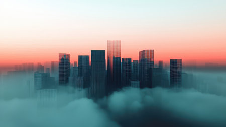 A misty skyline at sunset, featuring tall buildings emerging from clouds, creating a serene and ethereal atmosphere.の素材