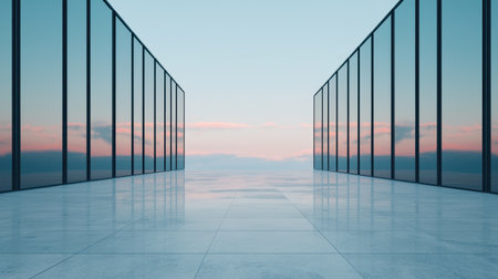 A serene, modern space with glass walls reflecting the sky, creating a tranquil atmosphere at sunset.の素材