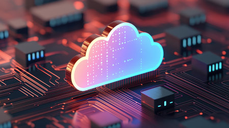 A colorful cloud symbol sits atop a circuit board, representing cloud computing and digital technology in a modern, high-tech environment.の素材
