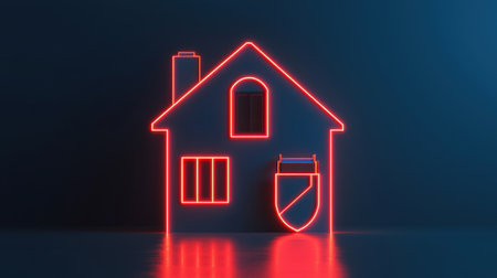 A glowing red outline of a house with a shield, symbolizing security and protection in a modern, digital style.の素材