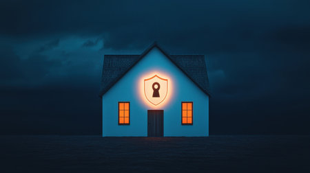 A glowing house symbolizing security, featuring a keyhole icon, amidst a dark, moody background, emphasizing safety and protection.の素材
