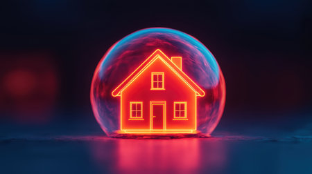 A glowing house icon encapsulated in a translucent bubble, symbolizing protection and security in a modern, digital context.の素材