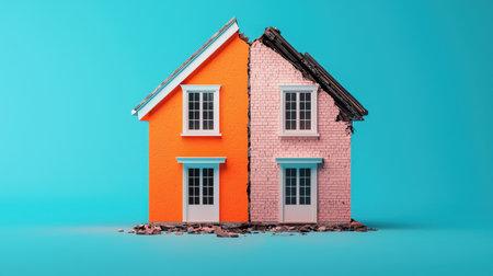 A split house design featuring contrasting colors of orange and pink, set against a bright blue background, symbolizing creativity and transformation.の素材