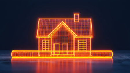 A glowing outline of a house is displayed in a digital wireframe style against a dark background, representing modern architecture and design.の素材