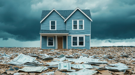 A solitary blue house stands amidst a sea of scattered papers under a dramatic sky, evoking themes of isolation and economic turmoil.の素材