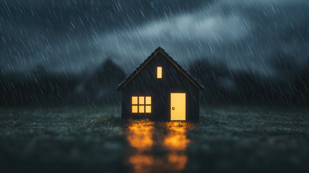 A dimly lit house stands in heavy rain, surrounded by rising water, evoking feelings of isolation and vulnerability in a stormy atmosphere.の素材