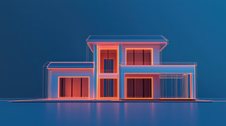 A modern architectural design rendered in neon lines against a blue background, showcasing a contemporary house concept.の素材