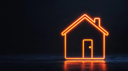 A glowing orange outline of a house against a dark background, symbolizing home and warmth.の素材