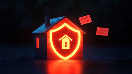 A glowing house icon with a protective shield, symbolizing security and safety in a digital context.の素材
