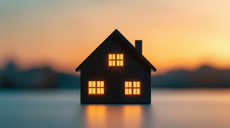 A cozy house silhouette with illuminated windows against a warm, sunset background, evoking feelings of comfort and home.の素材