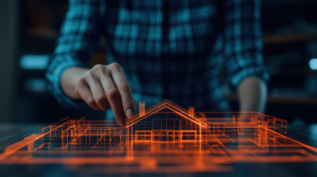 A person interacts with a glowing, 3D architectural model, illustrating a blend of technology and design in modern construction.の素材