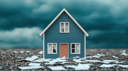 A small blue house stands alone on a barren landscape, surrounded by scattered papers under a dark, stormy sky.の素材