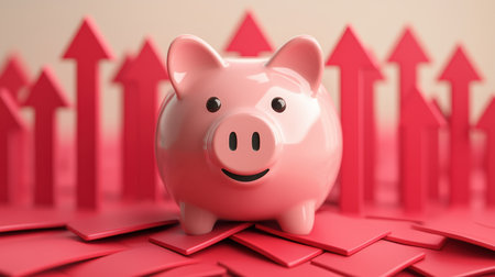 A pink piggy bank sits atop a pile of red arrows, symbolizing savings and financial growth.の素材