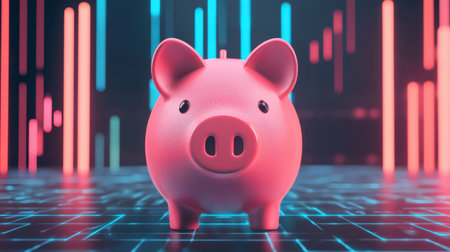 A cute pink piggy bank stands on a digital background with colorful vertical lines, symbolizing savings and financial growth.の素材
