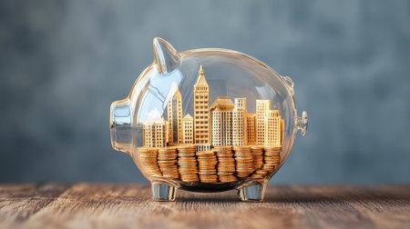 A transparent piggy bank filled with coins showcases a miniature city skyline, symbolizing savings and financial growth.の素材