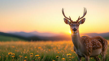 A majestic deer stands amidst a field of flowers, illuminated by the warm glow of a sunset, with mountains in the background.の素材