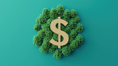A stylized dollar sign surrounded by vibrant greenery on a teal background, symbolizing the intersection of finance and sustainability.の素材