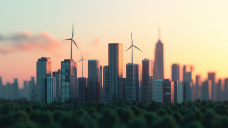 A futuristic city skyline featuring wind turbines surrounded by lush greenery at sunset, symbolizing sustainability and eco-friendly urban development.の素材
