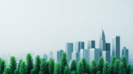 A serene green foreground of trees contrasts with a blurred city skyline in the background, blending nature with urban life.の素材