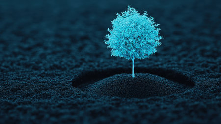 A glowing blue tree emerges from a dark, sandy background, symbolizing life and resilience in a minimalist, surreal setting.の素材