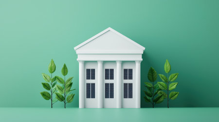 A minimalist model of a classical building surrounded by green foliage, set against a solid mint background.の素材