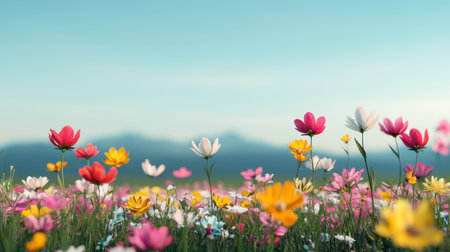 A vibrant field of colorful flowers under a clear blue sky, set against a distant mountain backdrop, creating a serene and picturesque landscape.の素材