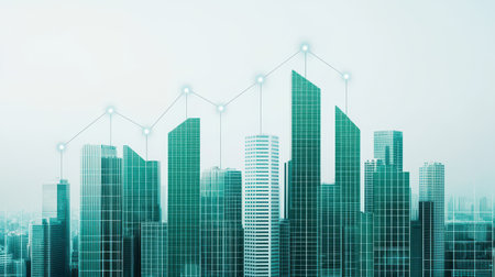 A modern city skyline with tall green buildings and a rising graph overlay, symbolizing growth and progress in urban development.の素材