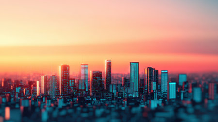 A vibrant city skyline at sunset, showcasing modern architecture against a colorful sky.の素材