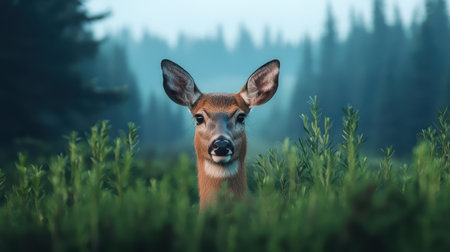 A serene deer gazes from a lush green field, surrounded by a misty forest backdrop, capturing the beauty of wildlife in nature.の素材