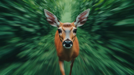 A close-up of a deer in motion, surrounded by green foliage, creating a dynamic and vibrant nature scene.の素材
