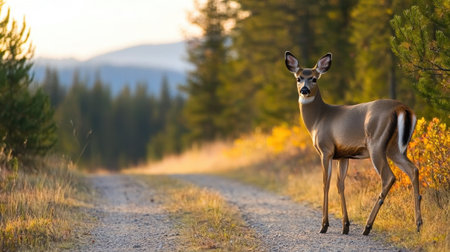 A deer stands on a gravel path, surrounded by trees and vibrant autumn foliage, bathed in warm sunlight.の素材