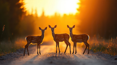 Three deer stand on a dirt road, silhouetted against a vibrant sunset, surrounded by trees and a warm, glowing atmosphere.の素材