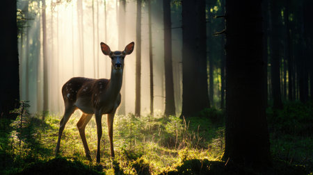 A serene deer stands in a sunlit forest, surrounded by trees, with soft light filtering through the foliage, creating an enchanting atmosphere.の素材
