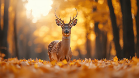 A serene deer stands amidst golden autumn leaves, illuminated by soft sunlight filtering through trees.の素材