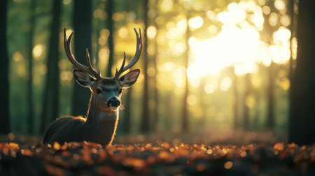 A majestic deer stands gracefully amidst a serene forest, illuminated by warm sunlight filtering through the trees.の素材