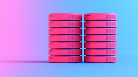 A vibrant display of pink stacks of coins against a gradient blue and pink background, symbolizing finance and digital currency.の素材