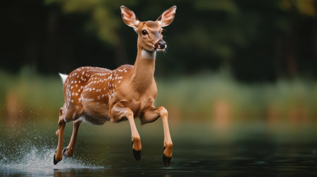 A fawn leaps gracefully through water, showcasing its agility amidst a lush green background.の素材